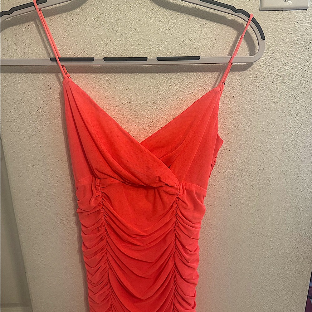 Coral Ruched Spaghetti Strap Dress